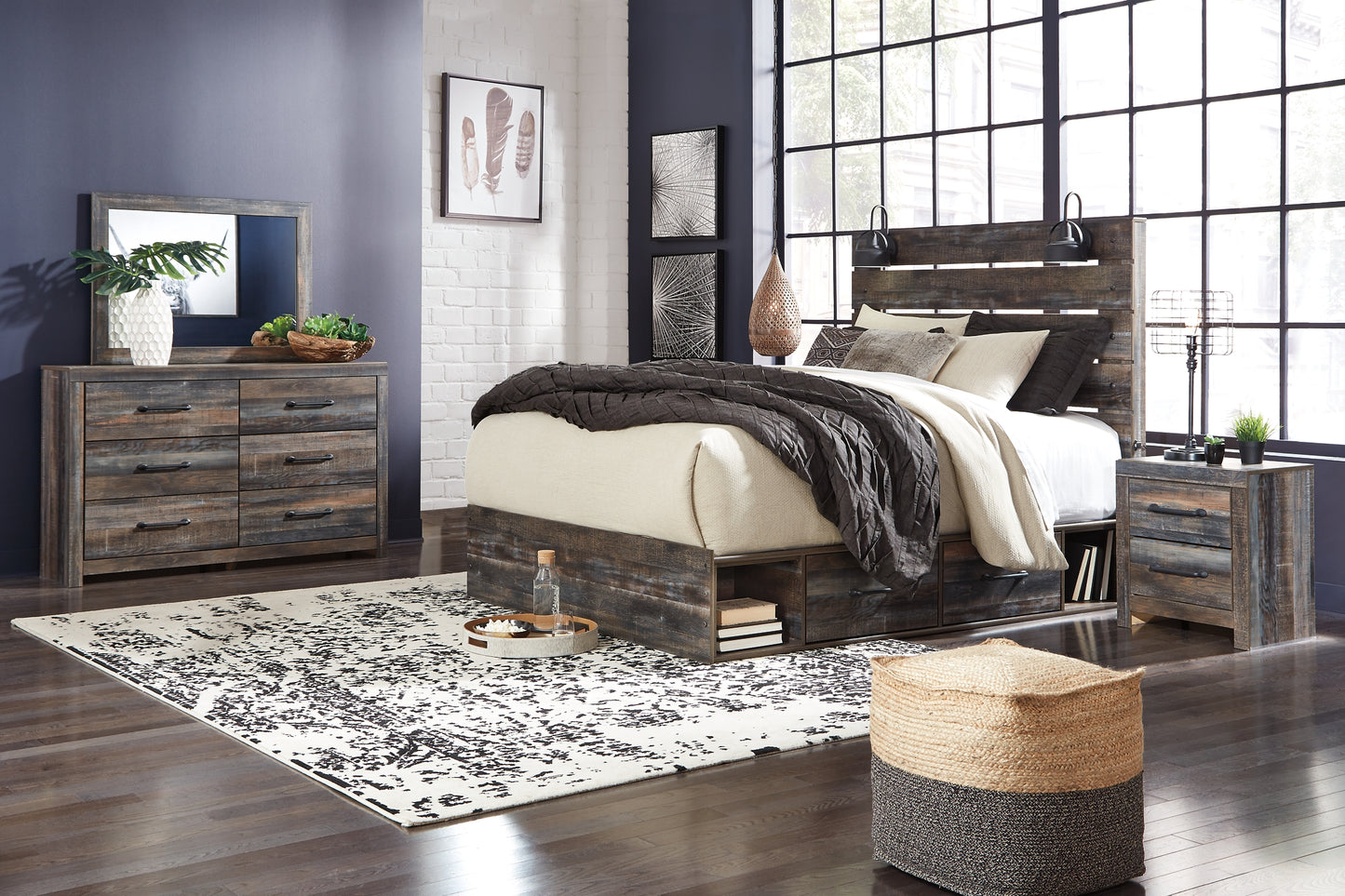 Drystan King Panel Bed with 4 Storage Drawers with Mirrored Dresser, Chest and 2 Nightstands