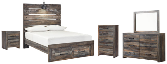 Drystan Full Panel Bed with 2 Storage Drawers with Mirrored Dresser, Chest and Nightstand