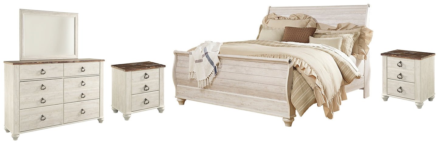 Willowton  Sleigh Bed With Mirrored Dresser And 2 Nightstands