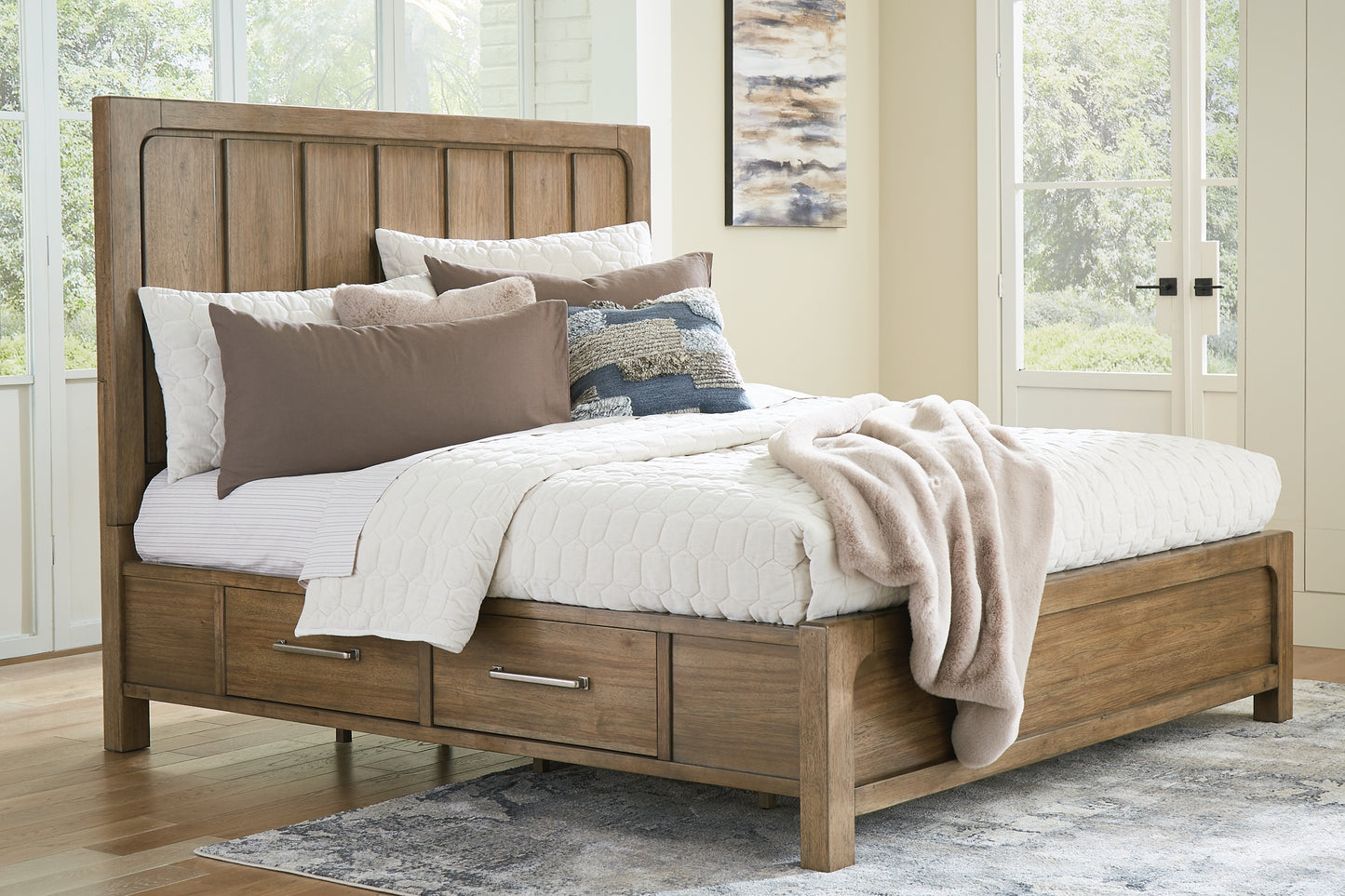 Cabalynn California King Panel Bed with Storage with Mirrored Dresser and Chest
