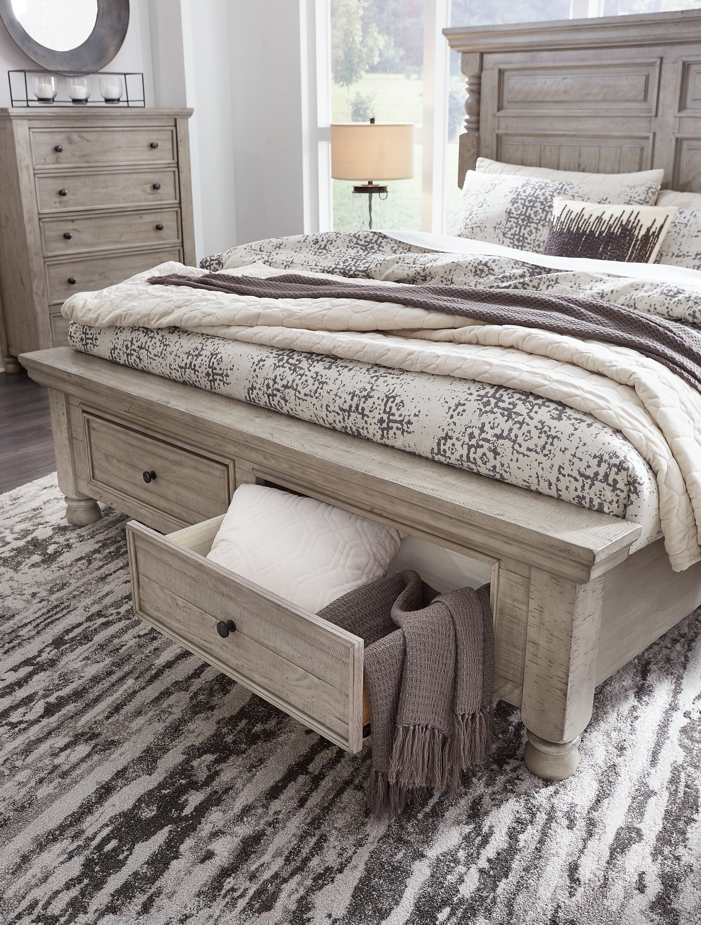 Harrastone California King Panel Bed with Mirrored Dresser and Chest